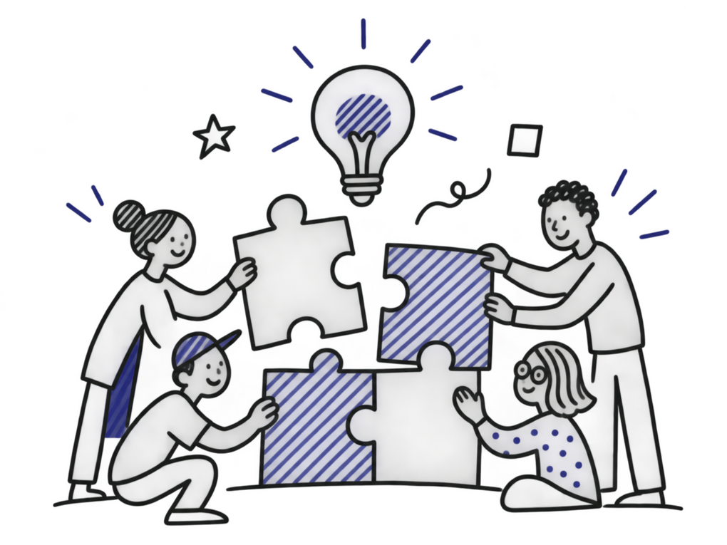 People working together to assemble pieces of a shared idea